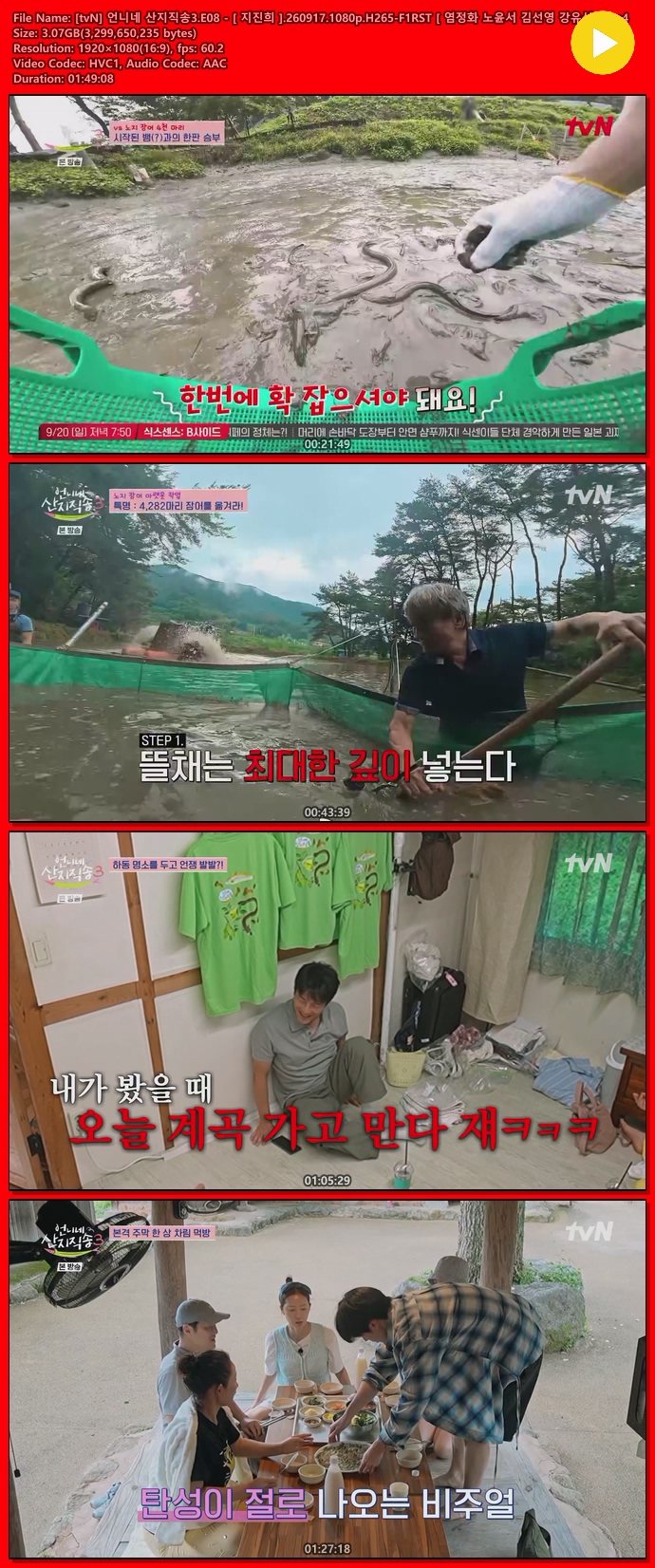 [tvN] 언니네 산지직송3.E08 - [ 지진희 ].260917.1080p.H265-F1RST [ 염정화 노윤서 김선영 강유석 ]